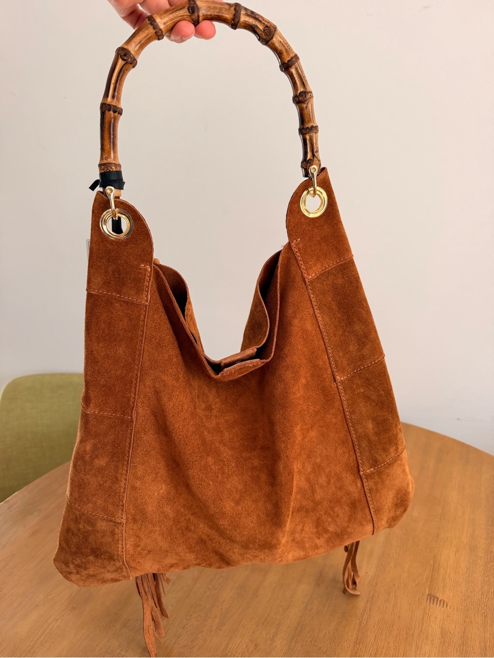 MARLON Made In Italy Fringed Suede Hobo Bag with Bamboo Handle - Picture 2 of 11